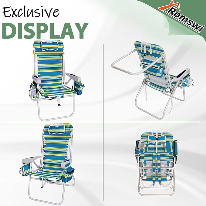 Romswi Tall Beach Chair for Adults 17 High Seat Backpack Beach Chair with Cooler Bag Cup &amp Phone Holder 5-Position High Back Reclining Chair with Towel Bar &amp Zipper Pocket Blue Stripes