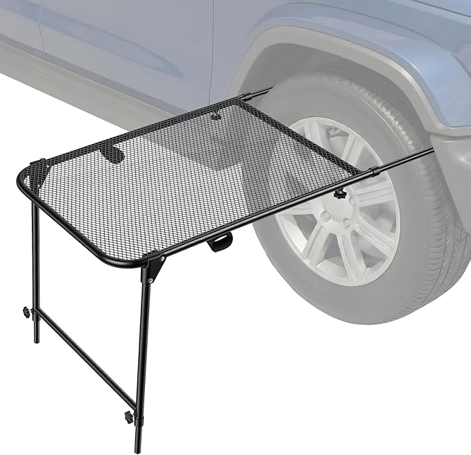 Camping Table for Tire Mount 66Lbs Capacity Heavy Duty Carbon Steel Foldable Table Portable Side Stand for Car Tailgate and RV Travel Black