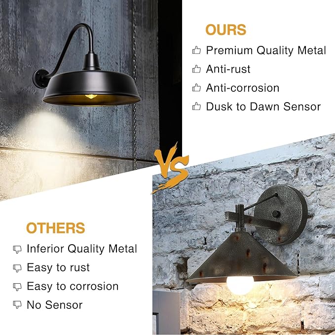 24 inch Barn Lights Outdoor Gooseneck Lighting Dusk to Dawn Black Exterior Barn Lights Farmhouse Wall Lighting Fixtures with Sensor for Porch Garage (2 24 Diameter)