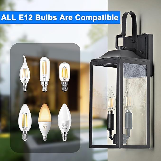 OKELI 17.6 Dusk to Dawn Outdoor Lighting 2-Light Black Wall Lantern for Porch Outside Wall Sconces with Tempered Glass Shade Anti-Rust Wall Lights Outside Light for Garage Foyer
