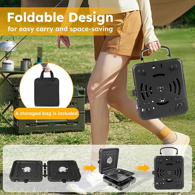 2 Burner Propane Camping Stove 17200 BTU Adjustable Burners Foldable Propane Camp Stove with Grill &amp Windscreen Double Burner Portable Folding Gas Stove with Carry Bag for Outdoor Camping BBQ