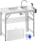 Outsunny Folding Fish Cleaning Table with Sinks Portable Camping Sink Table with Faucet Drainage Hose Sprayer Shelf Drawer and Storage Basket Outdoor Fillet Table for Picnic Beach Patio White