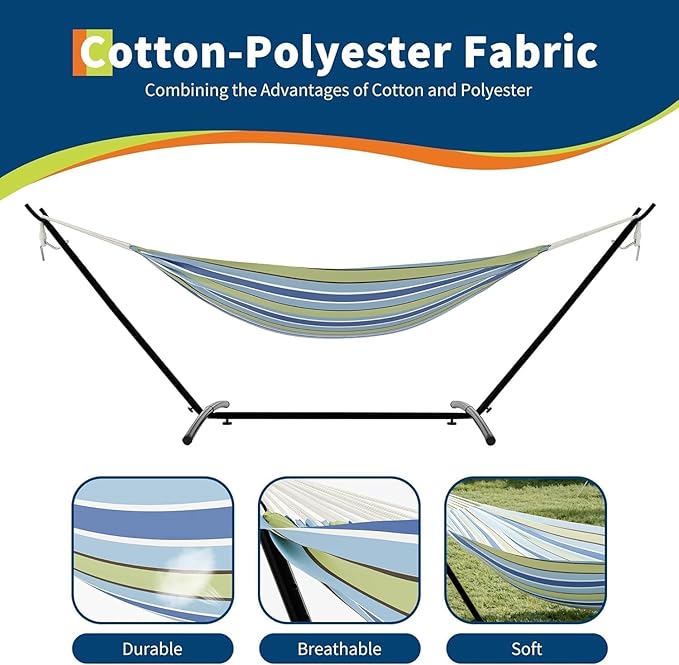 Hammock Chair Outdoor With Stand - Heavy Duty 500LB Capacity Portable Hanging Swing Chair for Patio Garden Backyard Camping - Breathable Cotton-Polyester Blend With Adjustable Steel Frame &amp Car