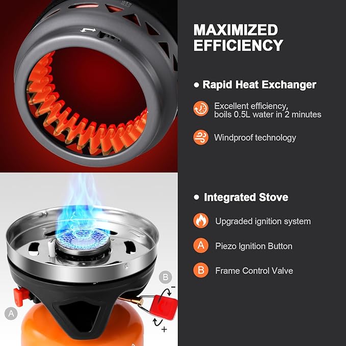 Odoland Heat Exchange Camping Pot with Backpacking Stove 7-In-1 Camping Cookware Mess Kit for Hiking Trekking Fishing and Picnic