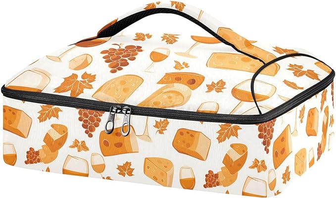 Casserole Carrier Wine and Cheese PrintInsulated Casserole Carrier for Hot or Cold Food Thermal Lunch Tote for Potluck Parties Picnic Beach Fits 9 x 13 Inches Baking Dish