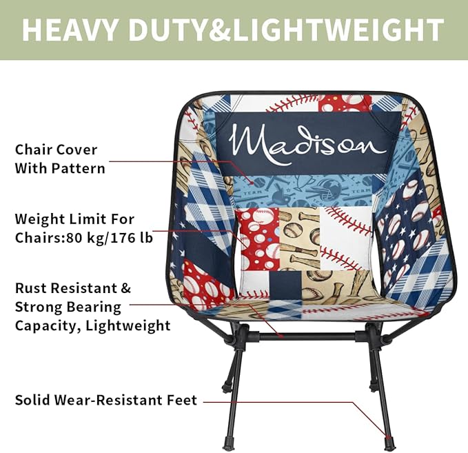Custom Camping Chair Personalized Portable Backpacking Chair with Name Lightweight Folding Chair for Beach Hiking Baseball Plaid