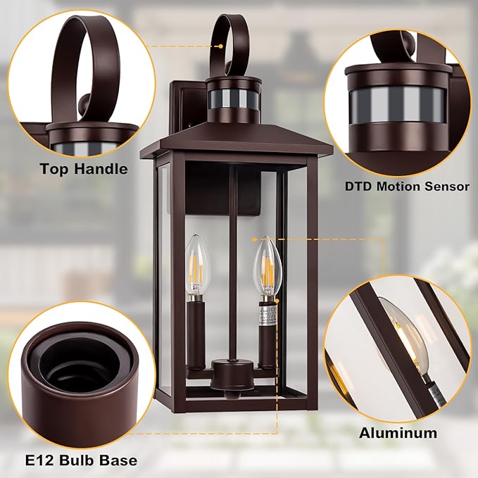 Large Exterior Sconce Motion Sensor 18 Bronze Dusk to Dawn Exterior Light 2-Light Brown Outdoor Light Fixture Aluminum Outdoor Dusk to Dawn Light with E12 Socket for Porch House Door Garage