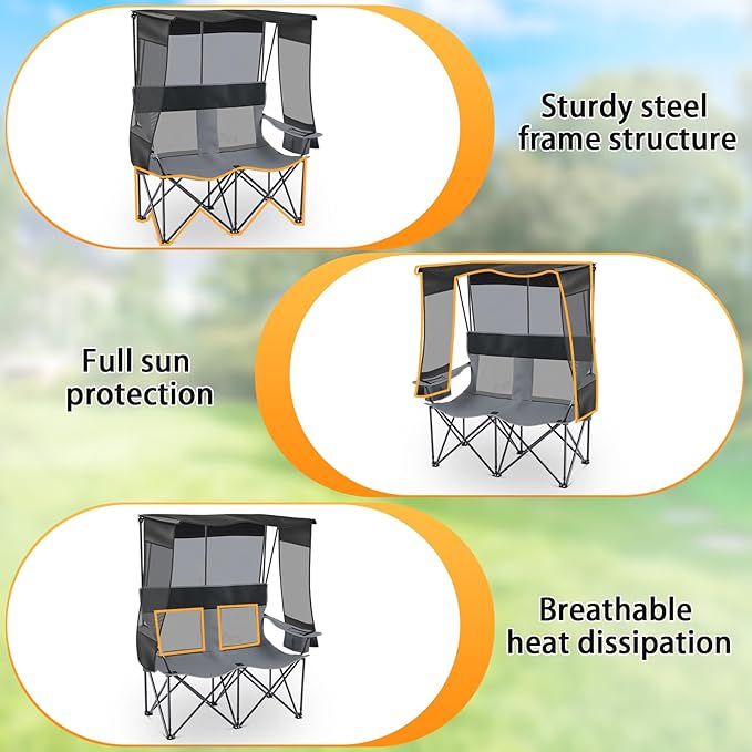 Double Camping Chair with Canopy Shade - 2 Person Beach Loveseat Folding Camp Chair with Cup Holders &amp Cooler Bag Portable Heavy Duty Outdoor Seating for Camping Beach Sports Backyard