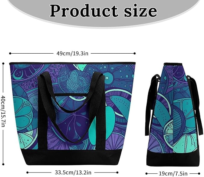 Insulated Shopping BagLarge Reusable Cooler Bags Blue Teal Lemon Printed Foldable Shopping BagTravel Waterproof Shoulder Bag
