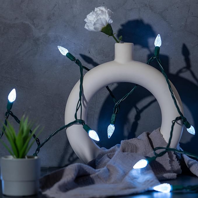 140 Cool White Strawberry One-Piece LED Christmas Lights Pack of 2 Strands 70 Count 36 ft High Waterproof UL Certified C6 Outdoor String Lights (Cool White - Green Cord)