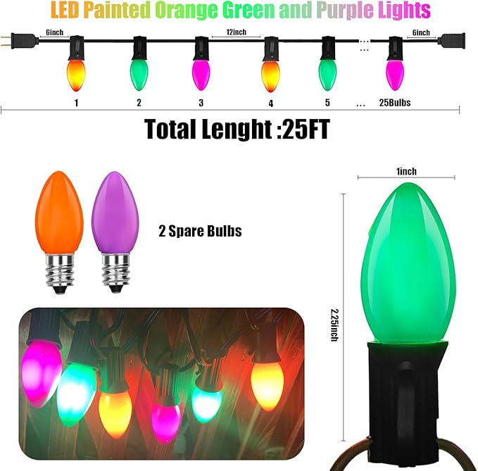 C7 LED Halloween String Lights 25FT Vintage Colorful Lights with 27 Orange/Green/Purple LED Bulbs Outdoor String Lights for Halloween Christmas Tree Party Backyard - Black Wire