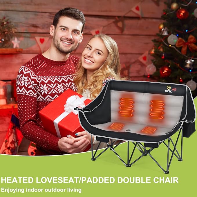 Nice C Heated Camping Chair with Battery Outdoor Heated Folding Chairs Double Padded Camping Chair for Adults Camping Couch with Cooler Bag 2 Power Banks Included (Black&ampGrey)