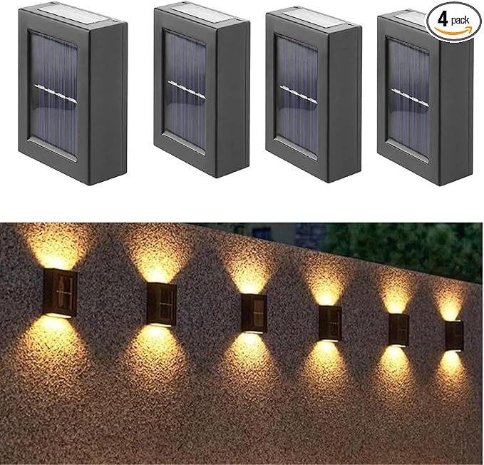 ASLIDECOR Solar Wall Lights UP Down 4 PackIlluminate Outdoor Sunlight Sensor Lamp IP65 Waterproof LED Modern Deck Lighting Decor for House Patio Porch