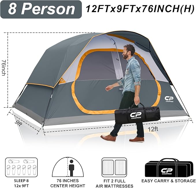 CAMPROS CP Upgraded 6/8 Person Camping Tents Waterproof Windproof Family Tent with Larger Mesh Windows &amp Door Double Layer Easy Set Up All-Season Dome Tent with Top Rainfly &amp Carry Bag