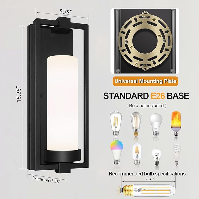 ALVIME Modern Black Outdoor Wall Light Fixtures 15 Inch 2 Pack Outdoor Wall Sconce for House Waterproof Exterior Lighting Fixtures for Garage Doorway Porch Patio E26 Base&ampEtched Opal Glass