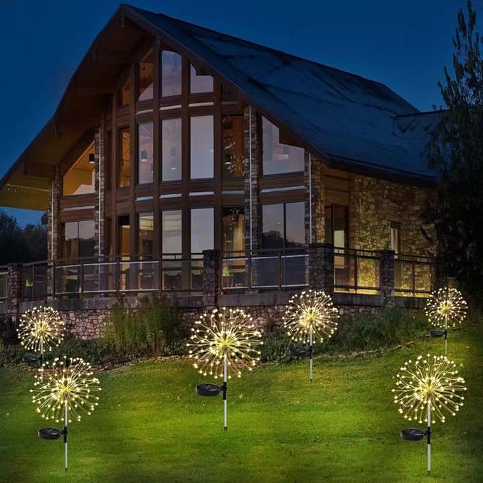 Solar Firework Lights 2Pcs Garden Lights Outdoor Waterproof 120 LED with 8 Modes Twinkling and Steady-On Festive daysStarburst Lights for Path Patio Yard (Warm White)