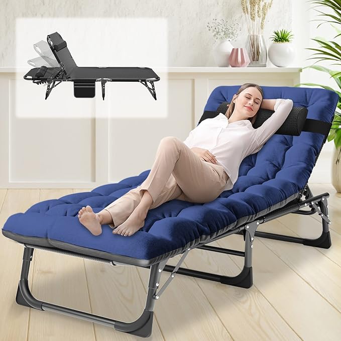 Barbella Folding Lounge Chair with Mattress 4 Position Adjustable Folding Sleeping Bed Cot Patio Chaise Lounge Chairs Perfect for Sunbathing Camping Pool Beach Patio Black Chair/Blue Pad