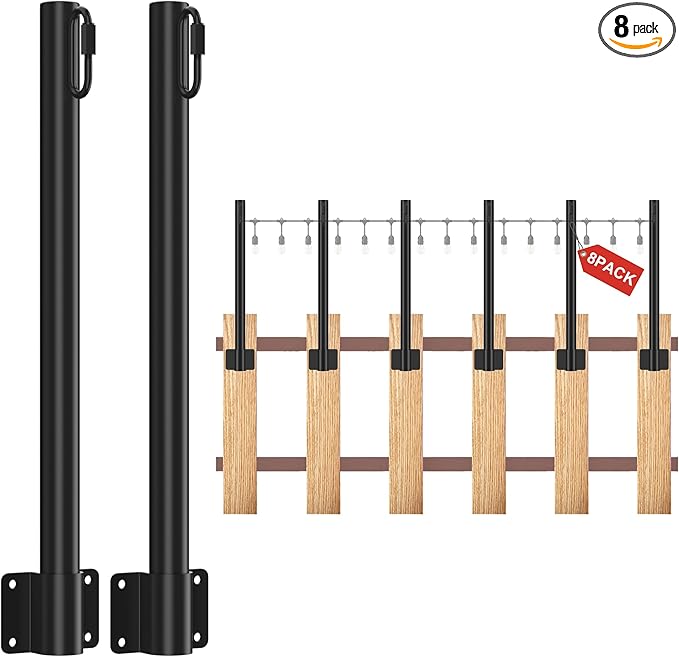 Suchtale 8 Pack 1.3 FT String Light Poles Suspension Outdoor Fence Post Lights with Clip and Bracket Outside String Lights Hanging Wall Mounting Stand for Patio Garden Backyard Wedding Party Black