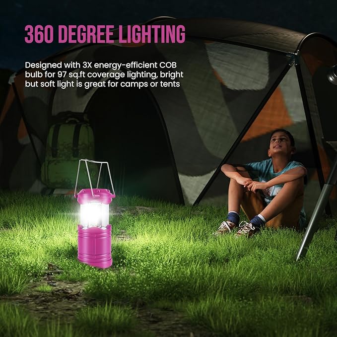 Lichamp LED Camping Lantern 4 Pack Battery Powered Flashlight for Power Outages Portable Collapsible Hanging Light Essential for Home Outdoor Emergency Lamp Survival Kit Gear for Hurricane Pink
