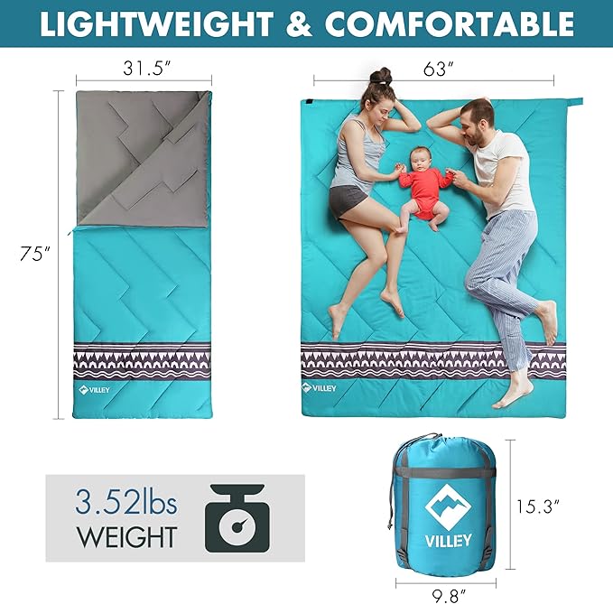 VILLEY Camping Sleeping Bag Lightweight Backpacking Sleeping Bag with Compression Sack for Adults &amp Kids Outdoor Camping Hiking Equipment for 3 Season Warm &amp Cool Weather - Summer Spring F
