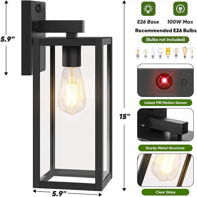 Upgraded Motion Sensor Outdoor Wall Light Large Size Dusk to Dawn Porch Light Outdoor Wall Sconce Lantern 3 Lighting Modes Exterior Lighting Fixture Wall Mount Outside Light for House Garage Black