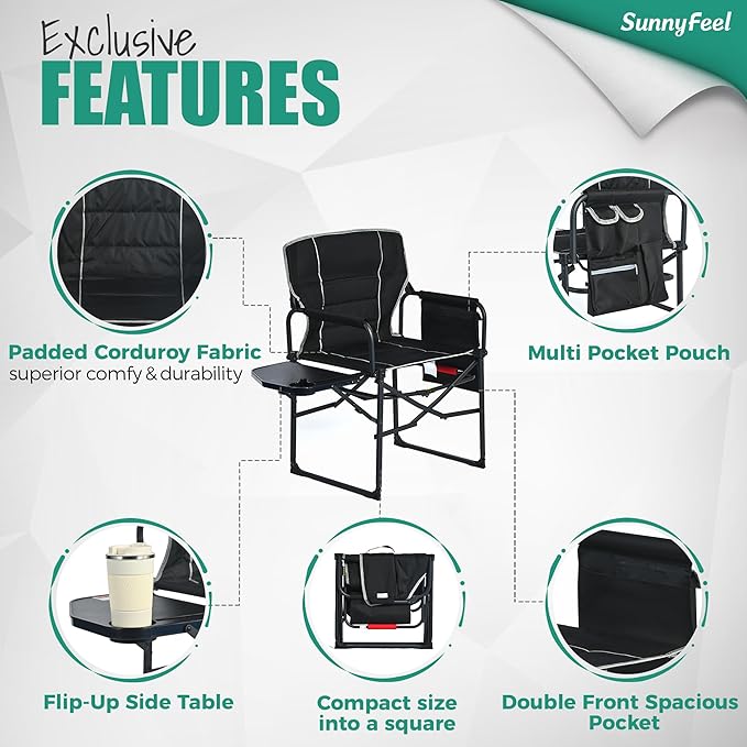 SUNNYFEEL Camping Directors Chair Heavy DutyOversized Portable Folding Chair with Side Table Pocket for Beach FishingTripPicnicLawnConcert Outdoor Foldable Camp Chairs