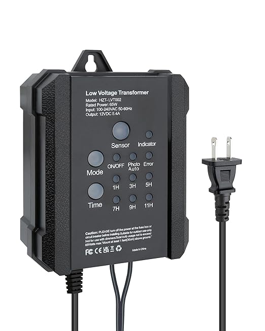65W Low Voltage Transformer Outdoor Low Voltage Landscape Transformer with Timer &amp Photocell Sensor 120V AC to 12V DC Waterproof Power Supply for Landscape Lighting Spotlight Deck Lights