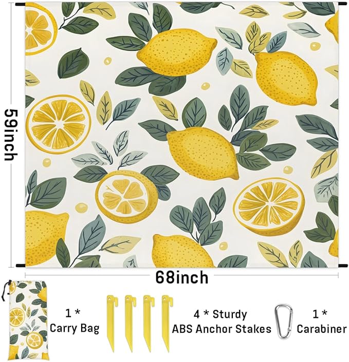 Waterproof Sandproof Beach Blanket 59''×68'' Lemon Drawing Polyester Outdoor Picnic Blanket with 4 Stakes &amp Storage Bag for BeachCampingVacation Fruit