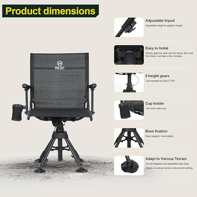 Nice C Swivel Hunting Chair 360 Degree Rotating Silent Hunting Blind Chair Turkey Chairs Strutter Chairs with Adjustable Height Armrest No-Sink Feet Shoulder Strap Cup Holder