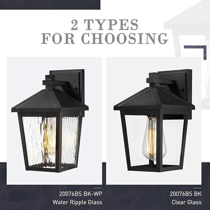 zeyu 2-Pack Outdoor Porch Light Fixtures Exterior Wall Lights for House Die-Cast Aluminum with Water Ripple Glass Black Finish 20076BS-2PK BK-WP