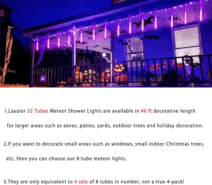 Christmas Decoration Outdoors - 32 Tubes Meteor Shower Lights Waterproof Falling Rain Lights for Halloween Decor Xmas Tree Garden Yard Wedding Party Purple