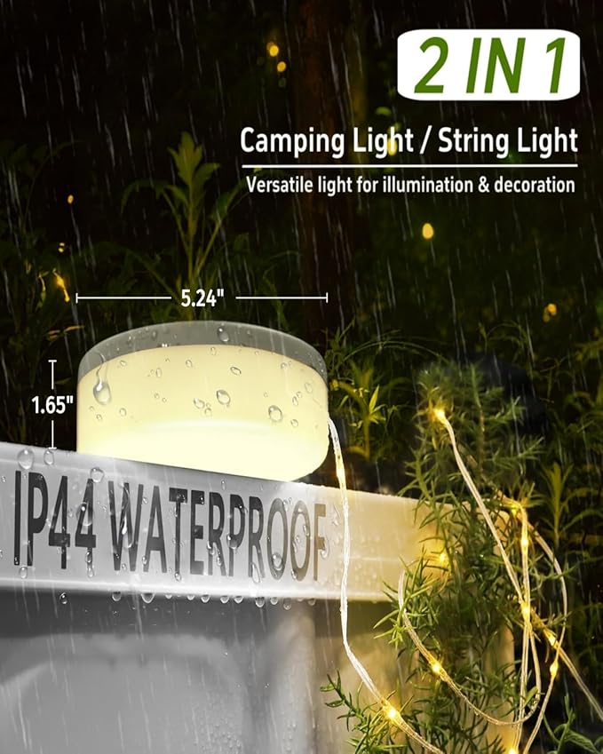 Solar Camping String Lights 39.4 FT Fairy String Light 4 in 1 Portable Waterproof Camp Lamp with 8 Lighting Modes Hanging Rechargeable Tent Lantern for Christmas Decorations Patio Party Essentials