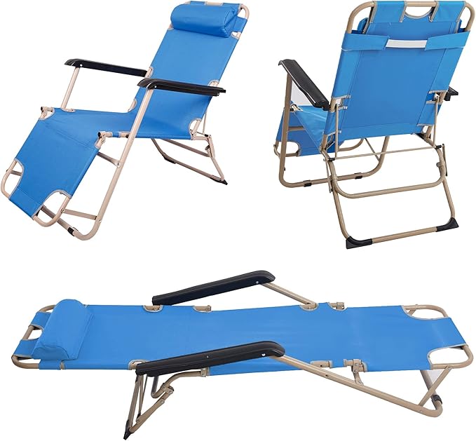 LUCKYERMORE 4 Pack Beach Outdoor Lounge Chairs Tanning Lounge Chair and Full Flat Cot 2 in 1 Folding Reclining Chairs for Outdoor Lawn Beach Pool Camping 60 L x 19 W Blue