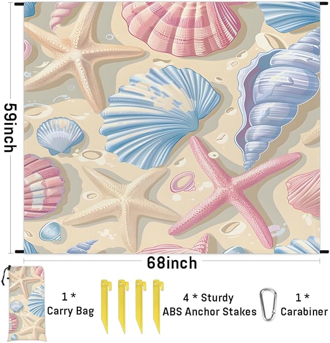 Waterproof Sandproof Beach Blanket 59''×68'' Ocean Shell Polyester Outdoor Picnic Blanket with 4 Stakes &amp Storage Bag for BeachCampingVacation Beige Pink &amp Blue