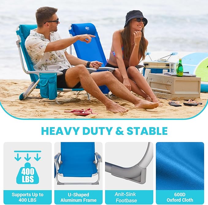 #WEJOY Beach Chair for Adults Reclining Adjustable PositionLay Flat Lightweight Folding Portable Aluminum Chair with Backpack StrapsPadded headrest Heavy Duty 400 lbs Lawn Chair for Beach 2 Pack