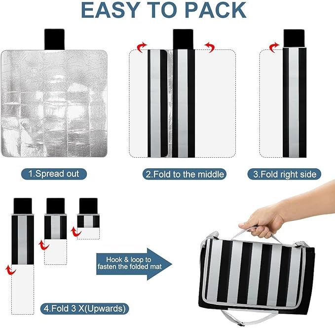 Black and-White Stripes Beach BlanketPortable Waterproof Picnic Blanket58.3''x 58.3'' Extra Large Picnic Mat for BeachCamping Grass Lawn Park Accessorie for Festival BBQ