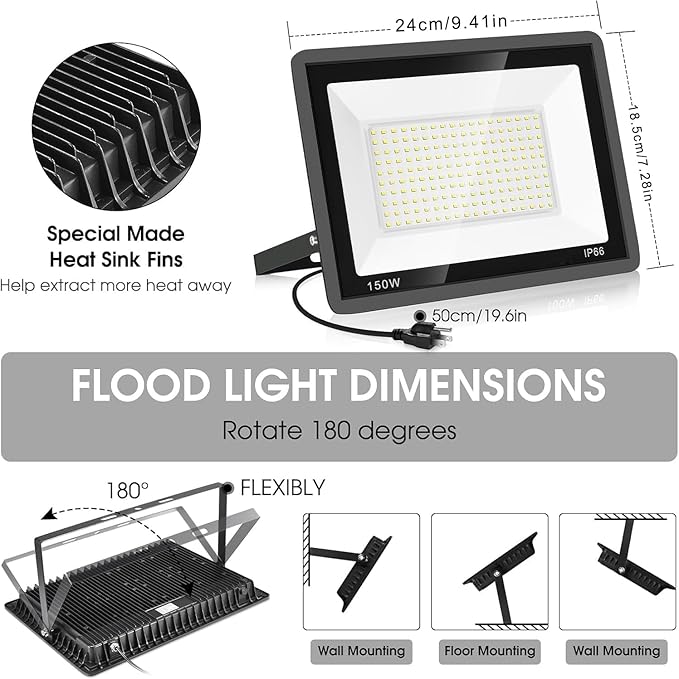 2-Pack 150W LED Flood Light 16000lm with 16.4FT/5m Cord plug switch Super Bright Security Lights IP66 Waterproof Outdoor Flood Light 5000K White Floodlight for Yard GardenBasketball CourtArena