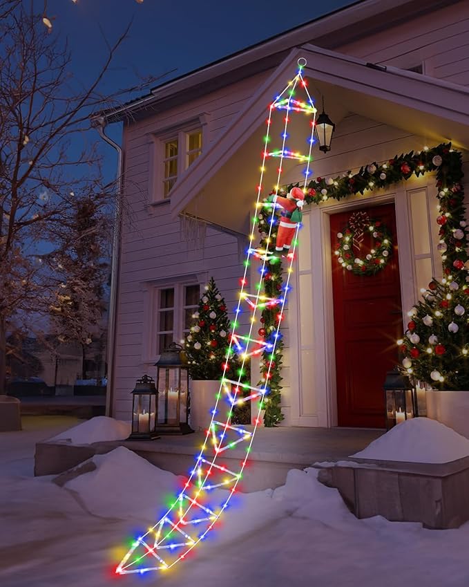 Christmas Decorations Lights Outdoor 9.8ft 3D Christmas Triangle Ladder Lights with Santa Claus Waterproof LED Christmas Lights with 8 Modes for Wall Home Garden Xmas Party Indoor Outdoor Decor