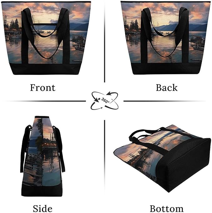 Insulated Shopping BagLarge Reusable Cooler Bags Evening in Vancouver Printed Foldable Shopping BagTravel Waterproof Shoulder Bag