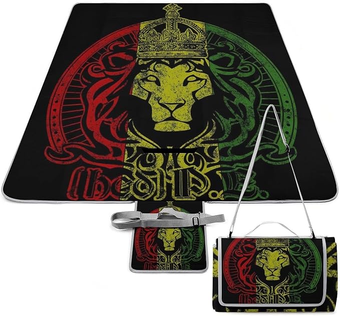 Jamaican Flag Rasta Lion Waterproof Outdoor Picnic Blanket Sandproof Beach Mat for Camping Hiking Grass Travelling