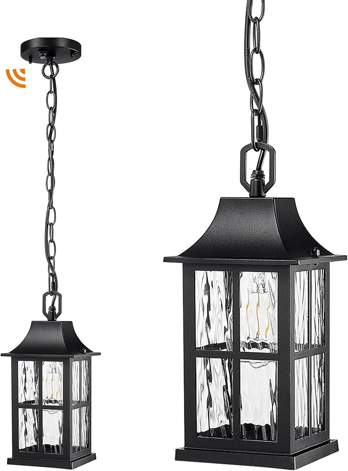 Emliviar Modern Outdoor Hanging Lantern with Dusk to Dawn Sensor 10.6 Inch Pendant Lighting Fixture for Porch in Black Finish Water Ripple Glass YXE306H-PC BK-SW
