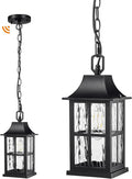 Emliviar Modern Outdoor Hanging Lantern with Dusk to Dawn Sensor 10.6 Inch Pendant Lighting Fixture for Porch in Black Finish Water Ripple Glass YXE306H-PC BK-SW