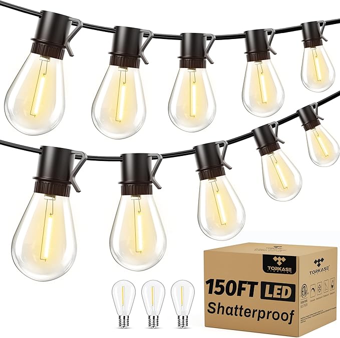 Torkase 150FT Outdoor String Lights LED 45+3 S14 Bulbs Shatterproof IP54 Waterproof Dimmable for Large Outdoor Events Resorts Hotel Lighting - Commercial Grade Connectable
