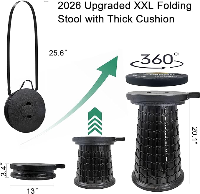 ALEVMOOM Upgrade XXL Collapsilbe Stool with Cushion H 20.1“ D 13” Heavy Duty Load Capacity 1000lbs Portable Retractable Telescoping Folding Stool for Camping Hiking Fishing Outdoor