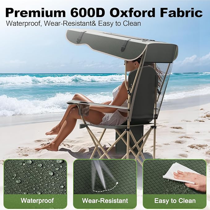 Portable Camping Chair with Canopy - Folding Chair with Canopy Durable 600D Oxford Canopy Chair for Camping Beach Picnics Fishing &amp Sports