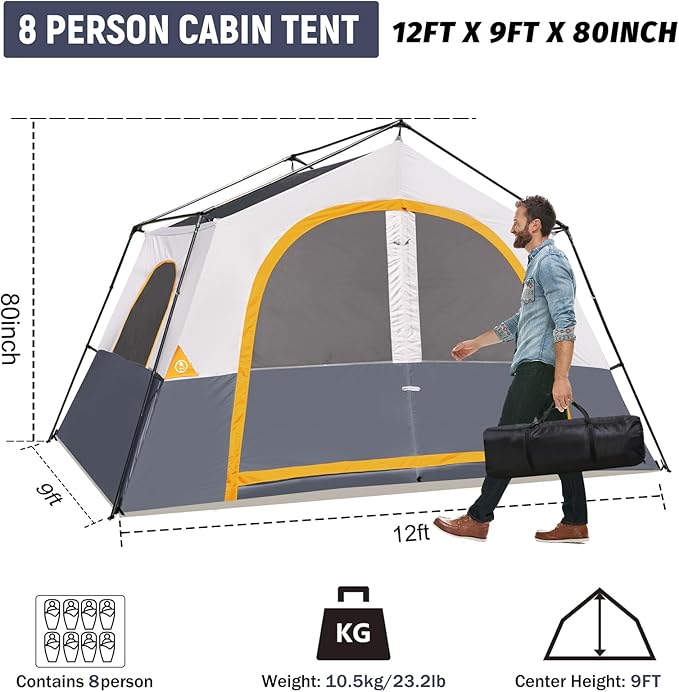 HIKERGARDEN 6-8 Person Camping Tent - Portable Family Cabin Tent for Camp Windproof Fabric Camp Tent Outdoor for Hiking Backpacking Traveling