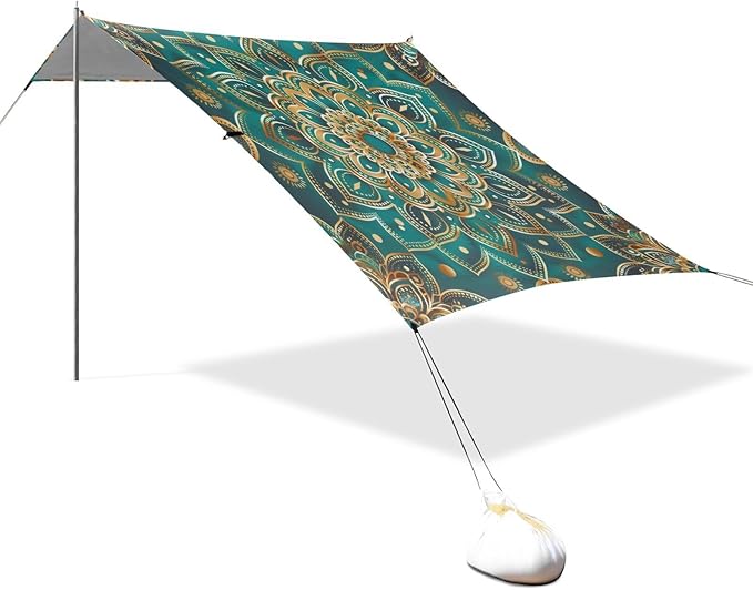 Turquoise Mandala Beach Tent Sun Shelter 9.2' x 10.5' Beach Canopy with 4 Sandbags 4 Stability Poles Sand Shovels - Tent Canopy for Beach Camping Fishing Picnics
