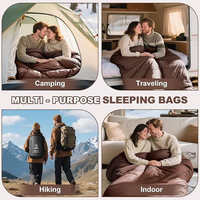 0 Degree Flannel Double Sleeping Bag for Adults Couples or Family - Winter Queen Size Waterproof &amp Warm 2-Person Sleeping Bag for Cold Weather Camping RV Travel