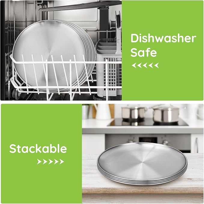 Stainless Steel Plates 8 Pack 11.8 inch 304(18/8) Metal Food Serving Plate Set Reusable Snack Eating Dishes Round Shatterproof Plate Silver BBQ Dinner Lunch Dinnerware Oven Dishwasher Safe