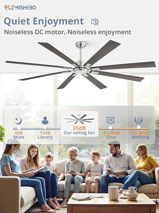 80 Inch Ceiling Fan No Light with Remote Control 8 Blades Quiet DC Reversible Motor 6-Speed Timer Brushed Nickel Finish Indoor Outdoor Ceiling Fans for Patios Living Room Garage